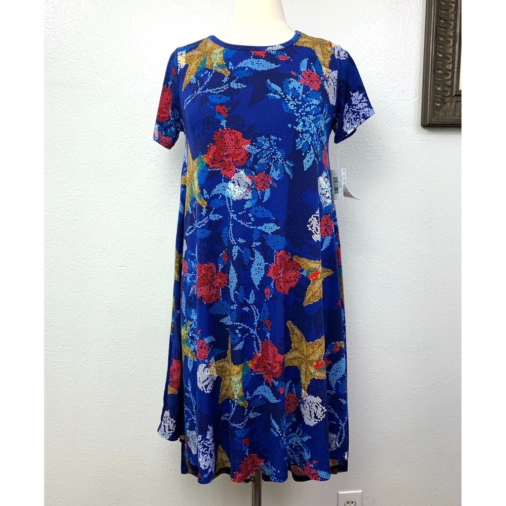NWT & Defect Lularoe Carly Hi-Low Blue Multicolor Floral Star Print Dress Sz XS